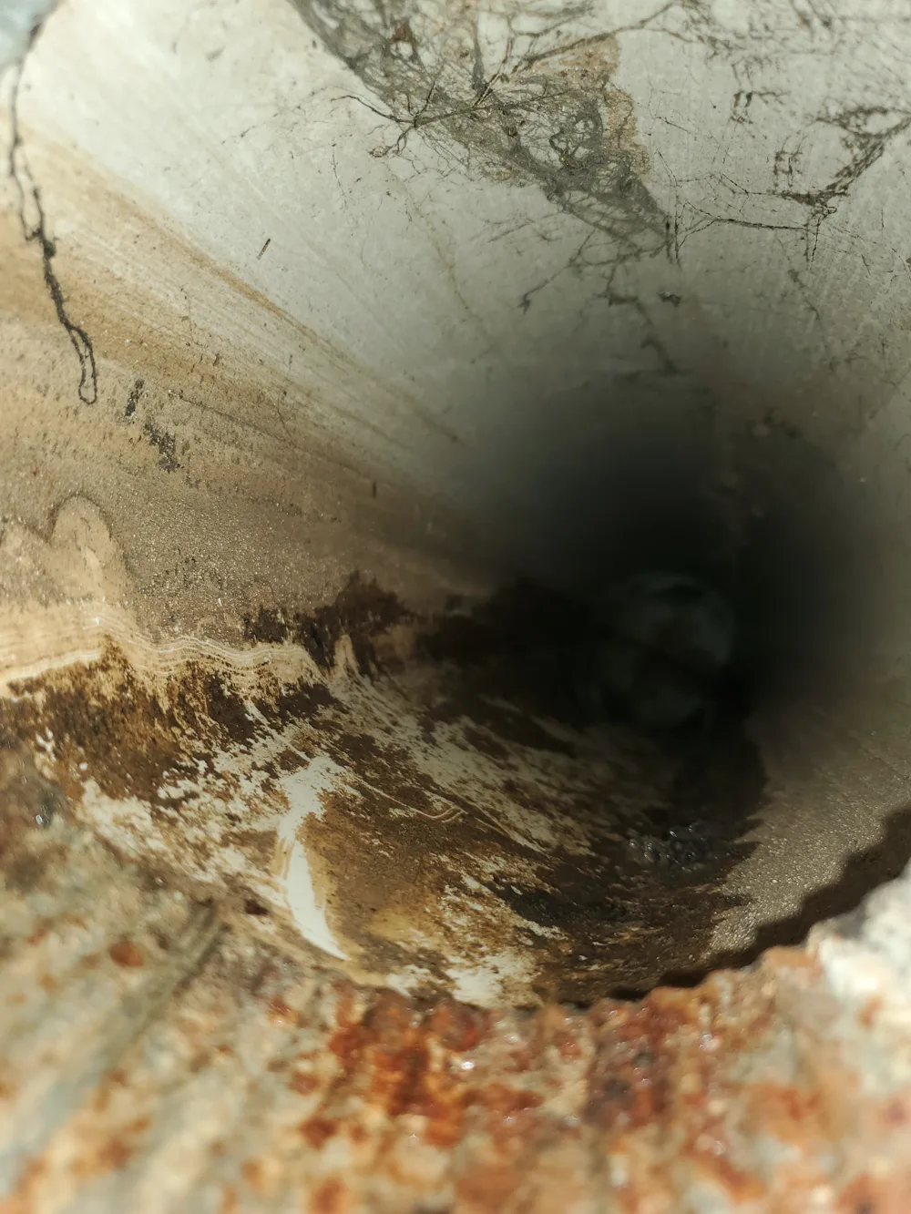 Heavy buildup and moisture staining inside a metal supply duct found during a Clean Air Detective inspection